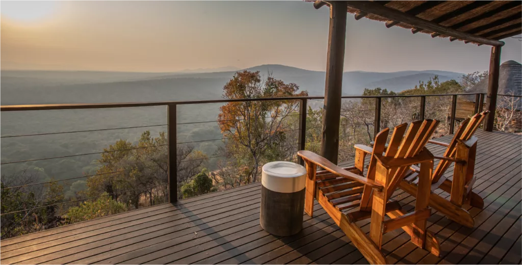 Private deck overlooking the bush at Leopard Mountain, a Zululand safari lodge